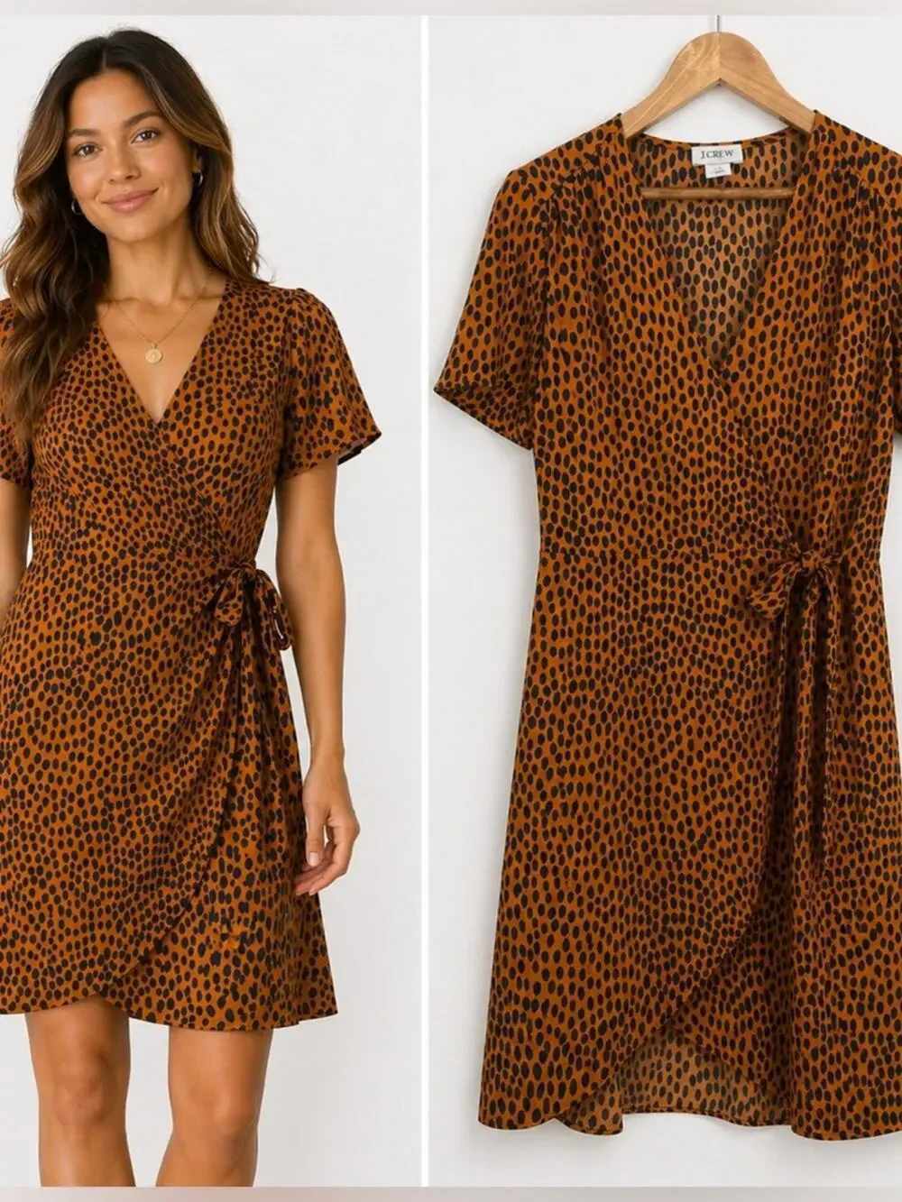 J.Crew Animal Print Wrap Dress Orange Black Cheetah Short Sleeve Size 4 Office